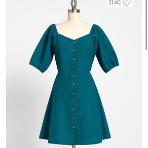 ModCloth x Princess Highway teal puff sleeve dress